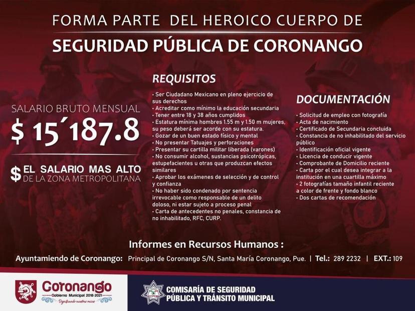 Coronango lanza convocatoria para reclutar perfiles en la SSPTM 