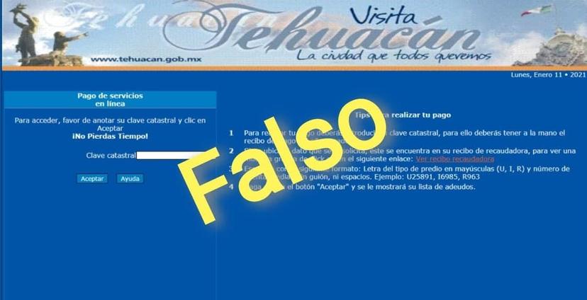 Alertan autoridades de Tehuacán sobre portal falso para cobro del predial