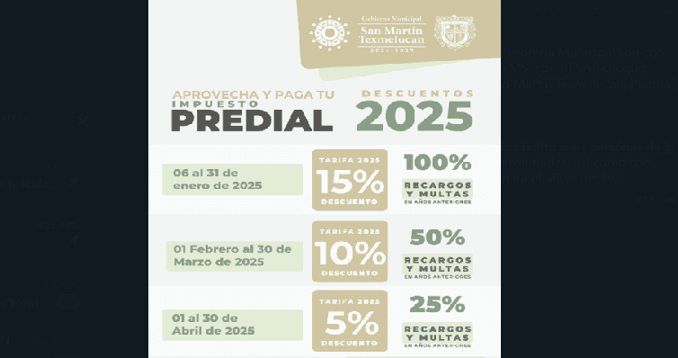 Texmelucan amplía plazo de descuentos en el pago anticipado del predial 2025