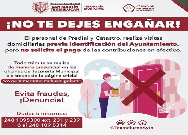 Personal de predial de Texmelucan tiene prohibido recibir dinero