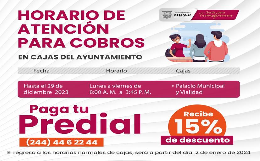 Últimos días para pagar el predial con 15% de descuento en Atlixco