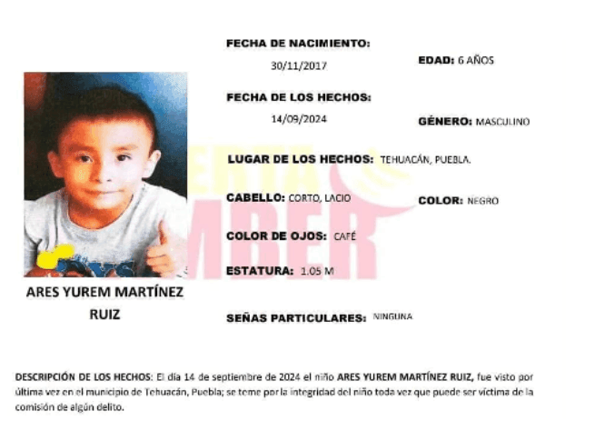 Buscan a Ares Yurem Martínez de 6 años en Tehuacán; activan Alerta Amber