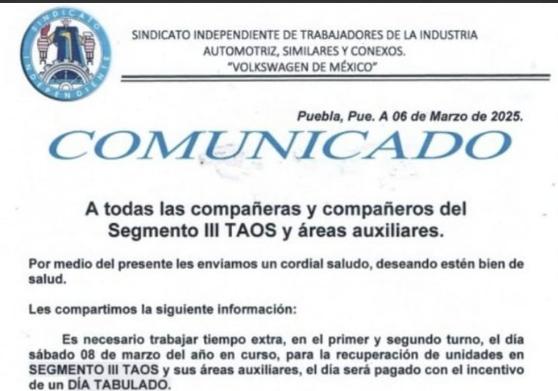 SITIAVW anuncia horas extra para el Segmento III TAOS 