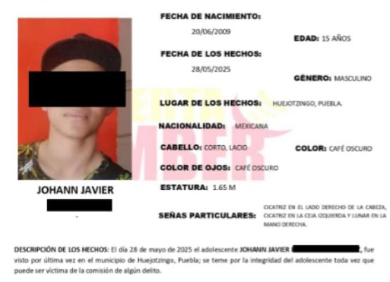Trasciende que cuerpo hallado ayer en Huejotzingo es de Johann Javier, de 15 años