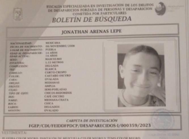 Jonathan de 14 años desapareció en la colonia Valle del Paraíso en Puebla