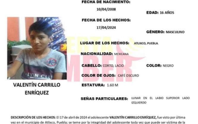 Valentín de 16 años desapareció en calles de Atlixco