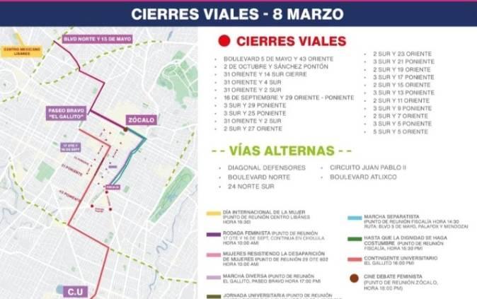 Checa los cierres viales en Puebla capital por marchas del 8M