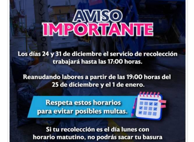 Cambian horarios de recolección de basura 25 de diciembre y 1 de enero de 2024