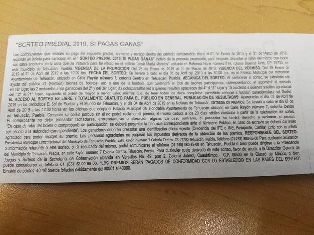 A domicilio repartirán boletos del sorteo predial en Tehuacán