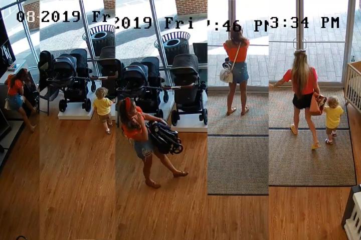 VIDEO Mujer se roba carriola de tienda pero olvida a su hijo