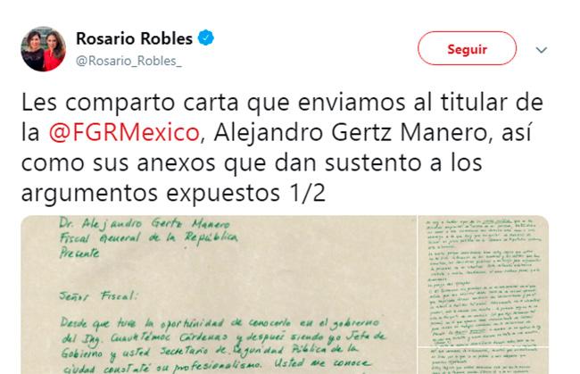 Rosario Robles manda carta desde el penal al fiscal; pide evitar venganza