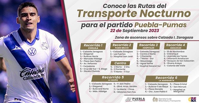 Habilita gobierno estatal transporte nocturno para partido Puebla contra Pumas