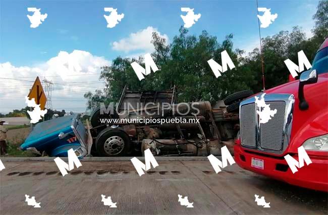 Tractocamión cargado con ganado termina volcado en la Puebla-Orizaba