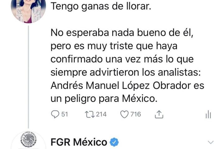 Se queja del plan de AMLO y la FGR la ataca en twitter