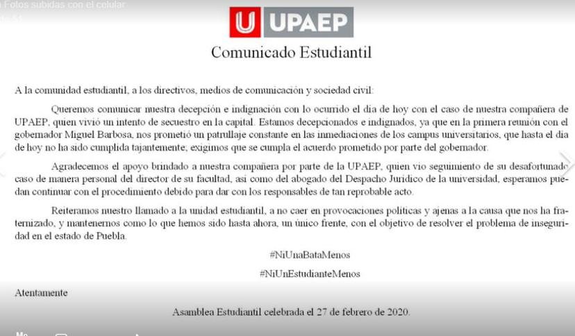 Pese a marchas intentan secuestrar a estudiante de la UPAEP en Puebla