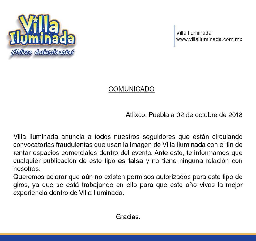 Alertan de fraudes en venta de espacios para Villa Iluminada