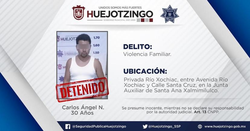 En Huejotzingo lo detienen por violencia familiar