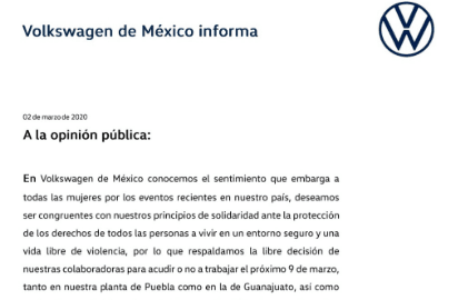 VW de México suspenderá labores el 9 de marzo en apoyo al paro nacional de mujeres 