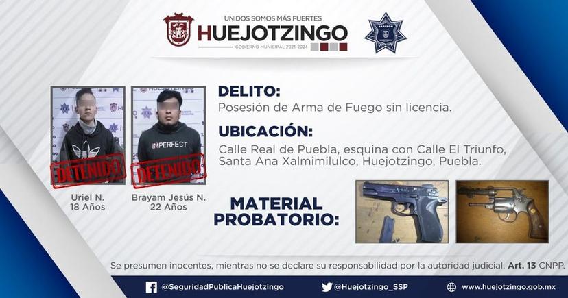 Los detienen en Xalmimilulco con arma sin licencia