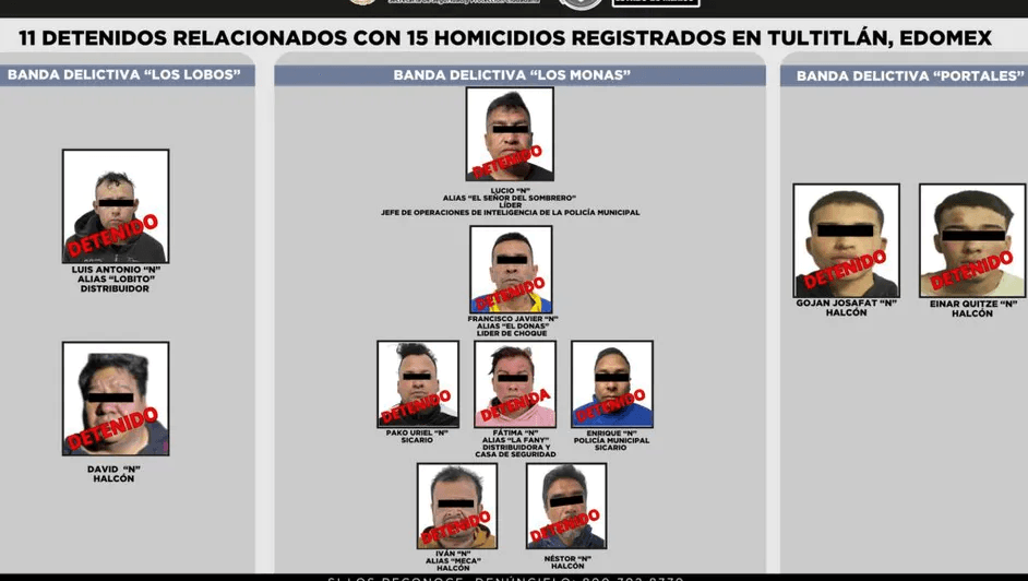 Autoridades federales y estatales detienen a 11 personas vinculadas con homicidios en el Estado de México.