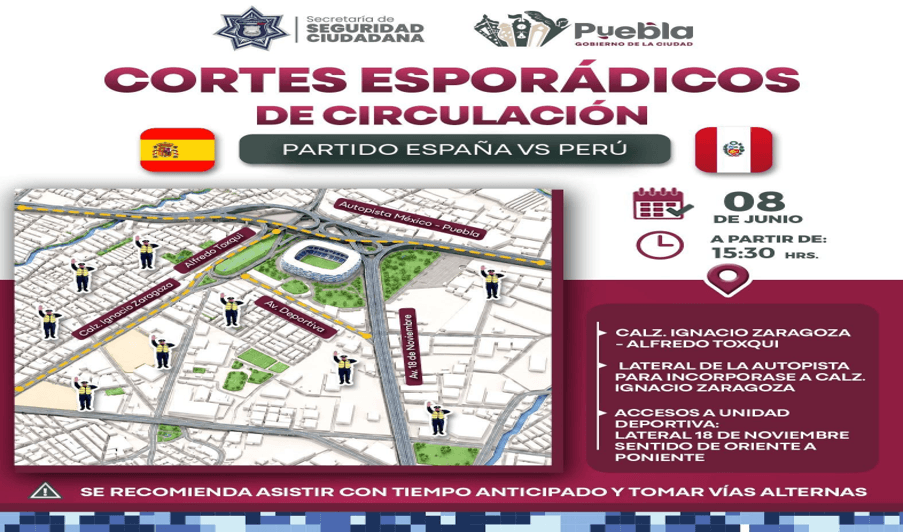 Habrá cierres viales este lunes ocho de junio para el duelo España vs Perú.
