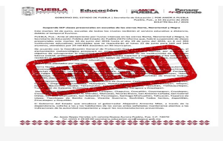 Es Fake News, SEP niega suspensión de clases para este martes en Puebla.