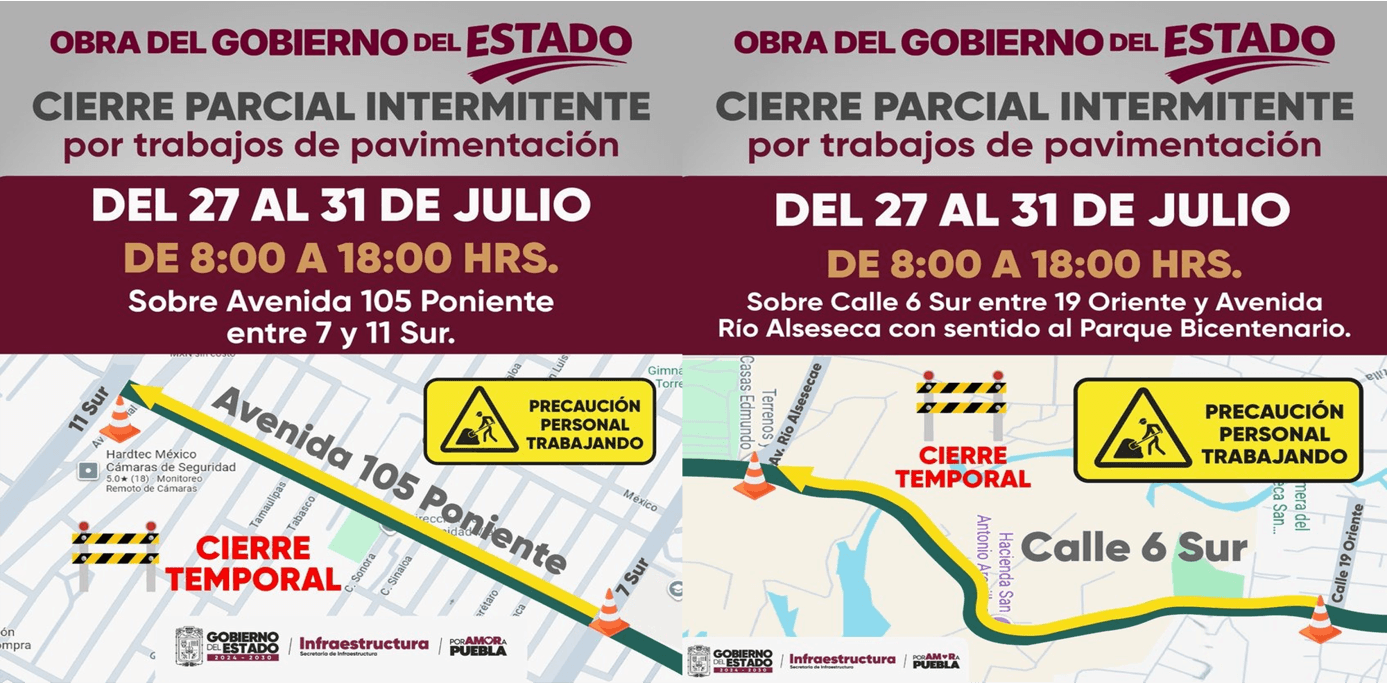 Atento, estará cerrada la 105 Poniente y la 6 Sur en la ciudad de Puebla.