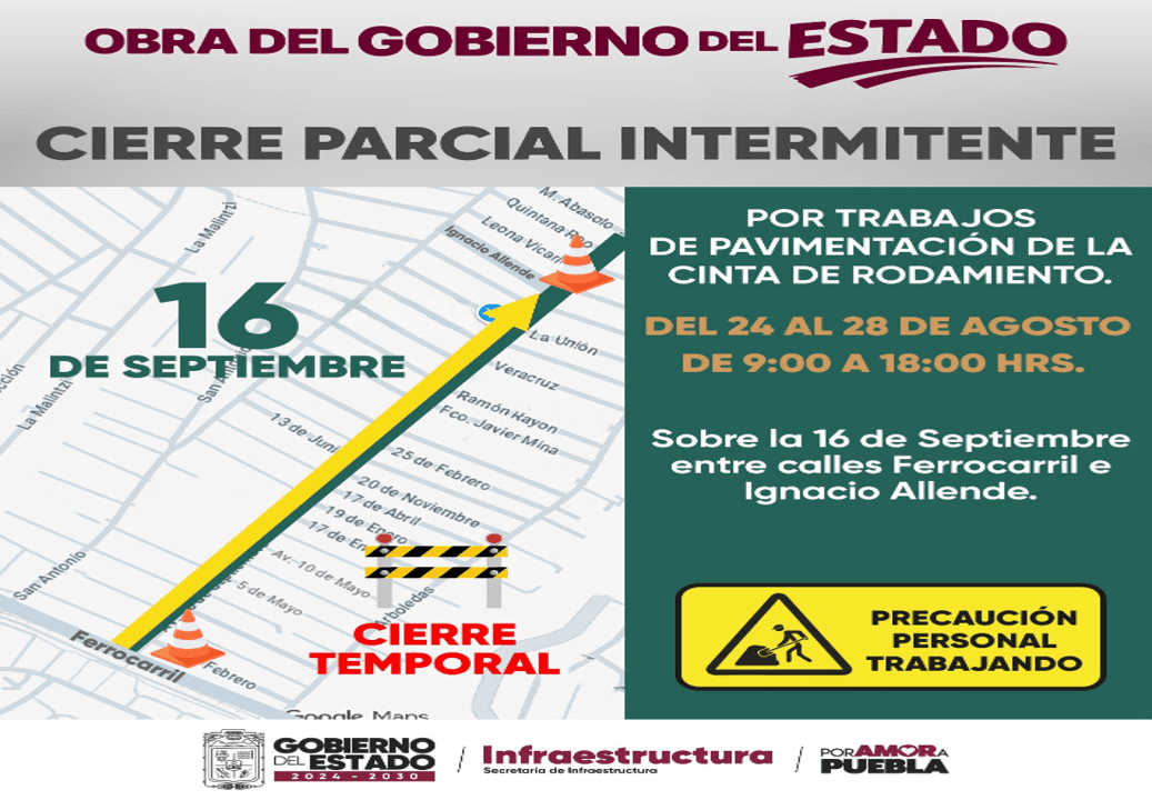 Toma en cuenta: Habrá cierres parciales en la 16 de Septiembre en Puebla.