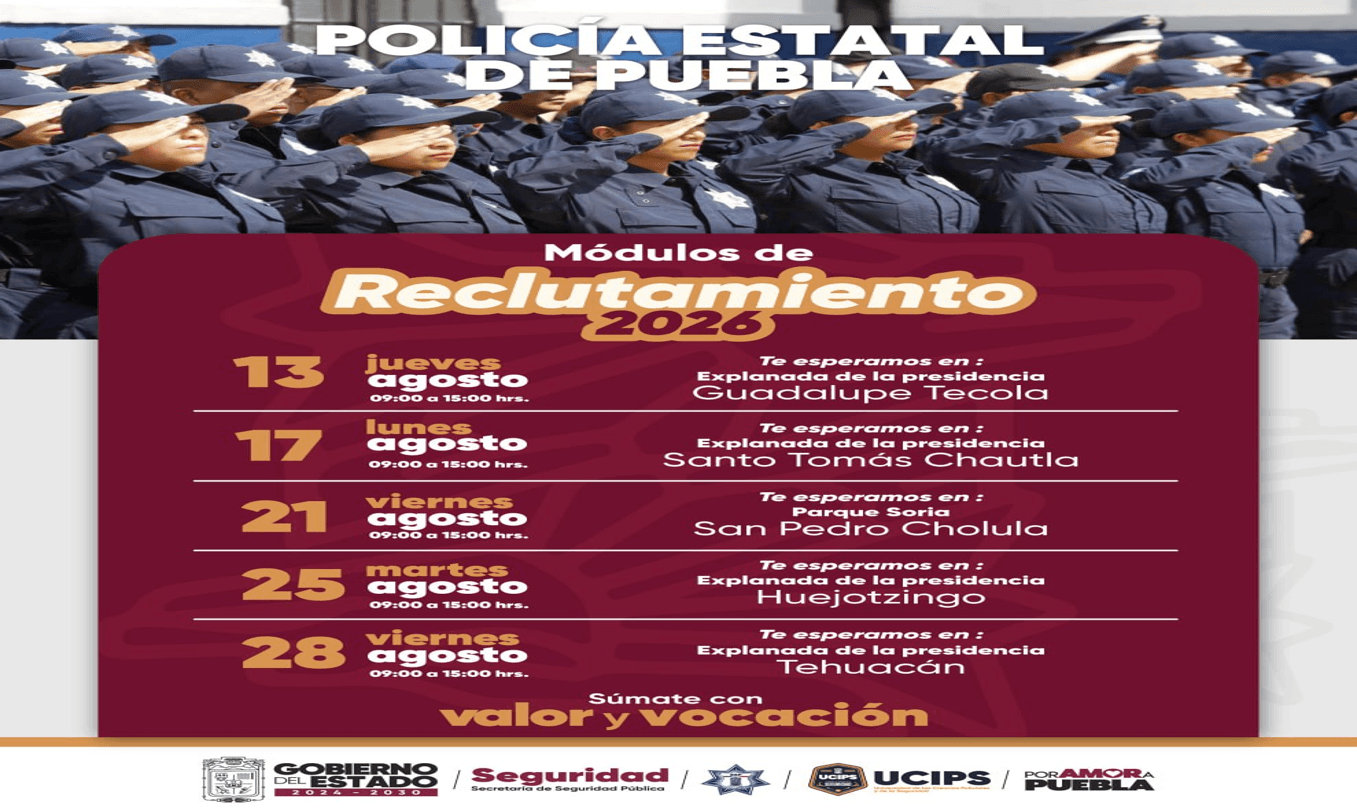 SSP de Puebla realizará Jornada de Reclutamiento en el estado.
