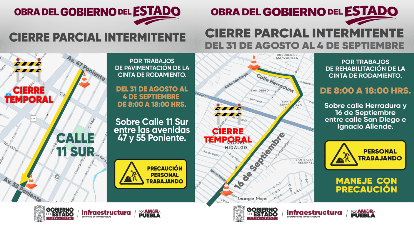 Hay cierre parcial en la 11 Sur y 16 de Septiembre, en la ciudad de Puebla.