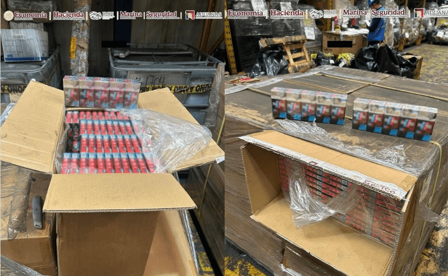 Aseguran más de 865 mil cajetillas de cigarros PALL MALL en el AICM.