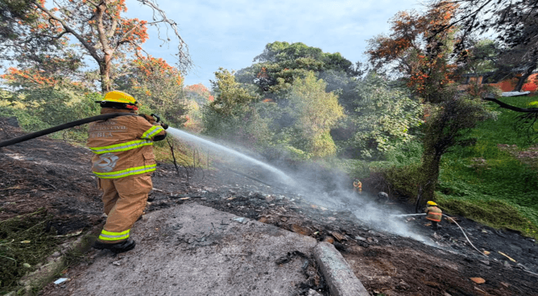 Atienden incendio en barranca de Bosques de San Sebastián en Puebla.