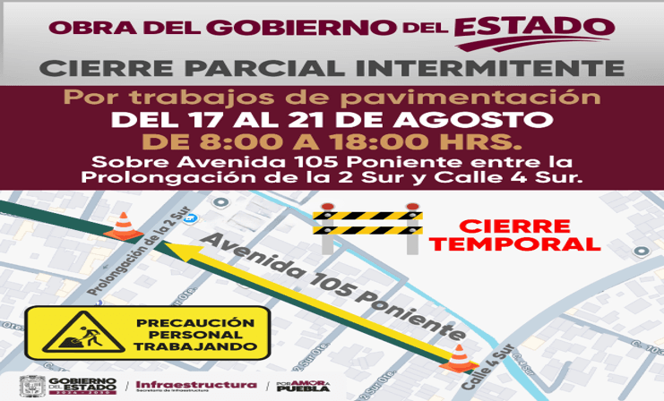 Atención, hay cierre parcial en la 105 Poniente en la ciudad de Puebla.