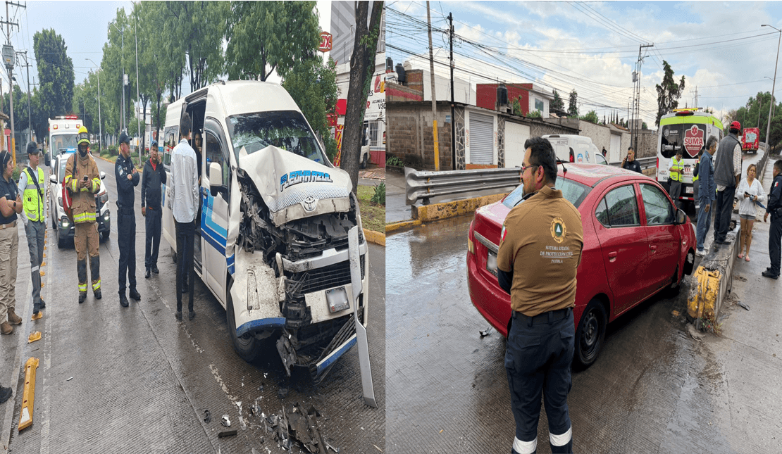 Choque entre transporte público en bulevar Carmen Serdán deja cuatro heridos.