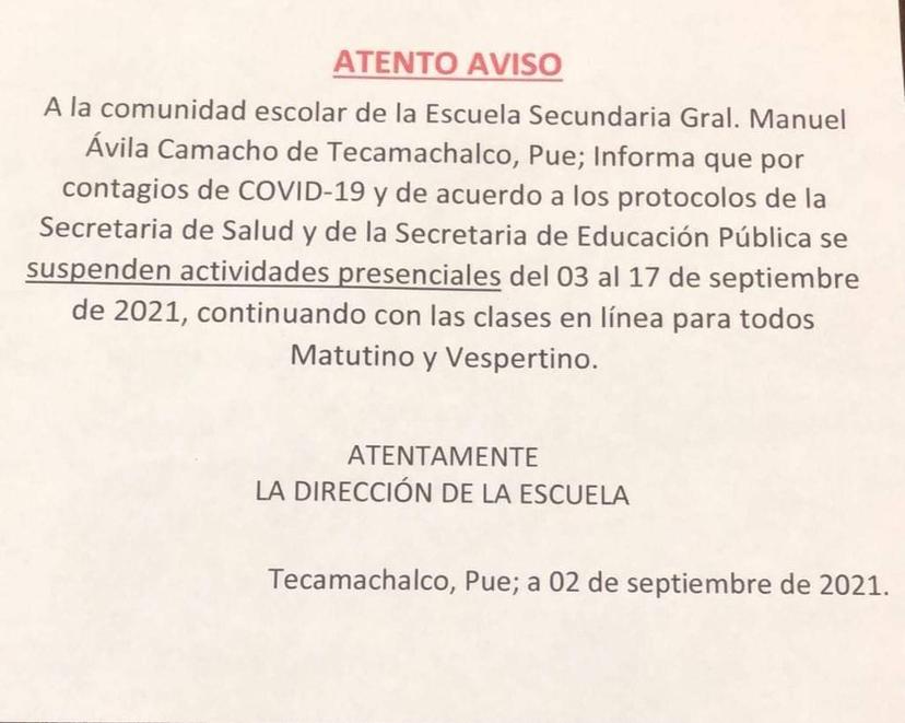 Por contagios COVID suspenden clases presenciales en secundaria de Tecamachalco