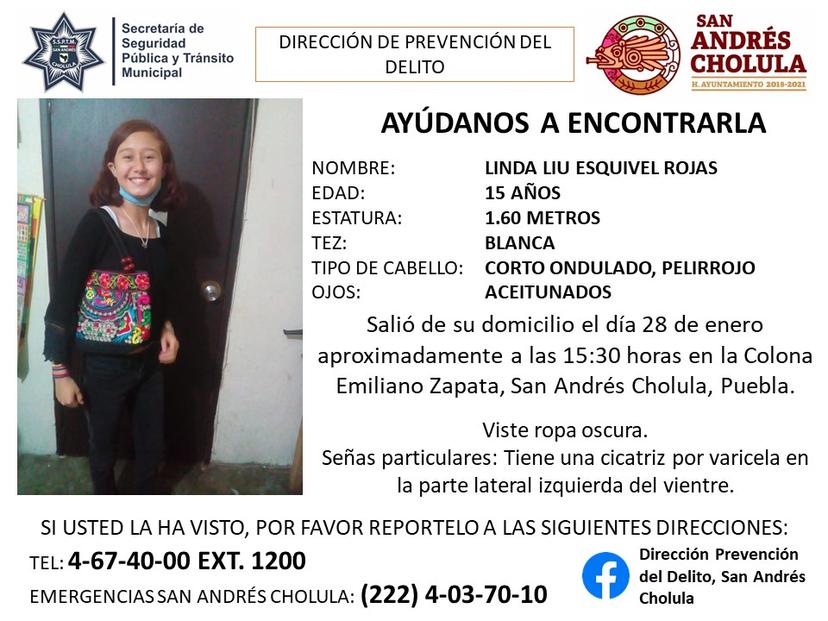 Desaparece Linda de 15 años en San Andrés Cholula