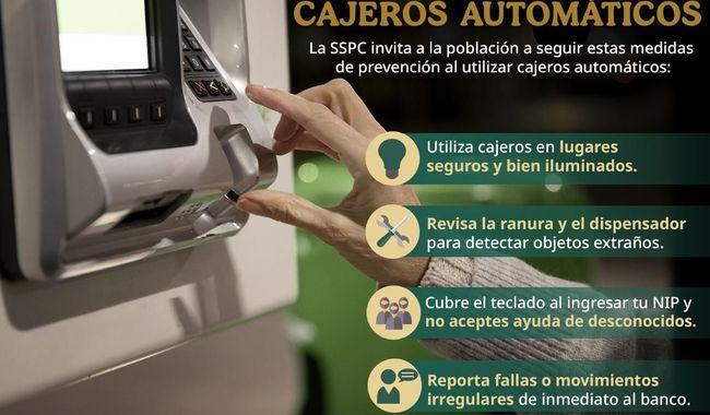 Recomendaciones preventivas para evitar ser víctima de fraudes o robos asociados al uso de cajeros automáticos.