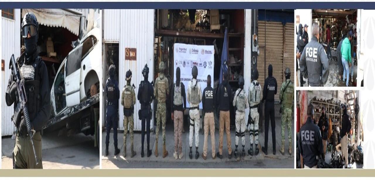 Encabeza FGE de Puebla Operativo Interinstitucional en la 46 Poniente, recupera vehículo robado, asegura autopartes, un arma y droga.