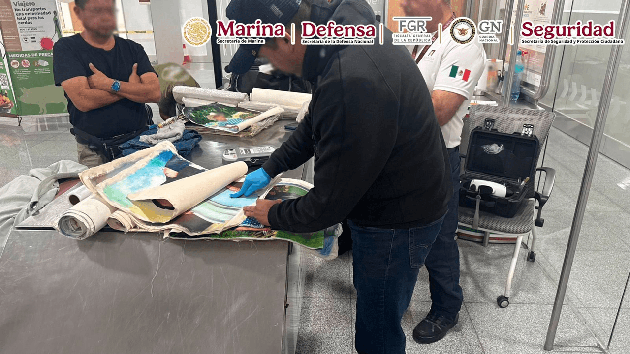 Detienen en el AICM a persona que transportaba lienzos con narcótico.
