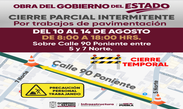 Ojo, hay cierre parcial intermitente en la calle 90 Poniente en Puebla.