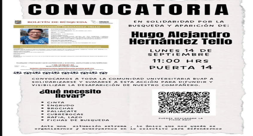 La BUAP se manifestará por búsqueda y localización de Hugo Alejandro Hernández.